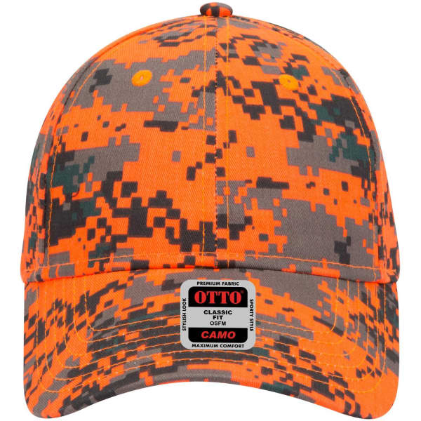 A camo baseball cap in orange and grey with a low profile design and a branded logo on the front.