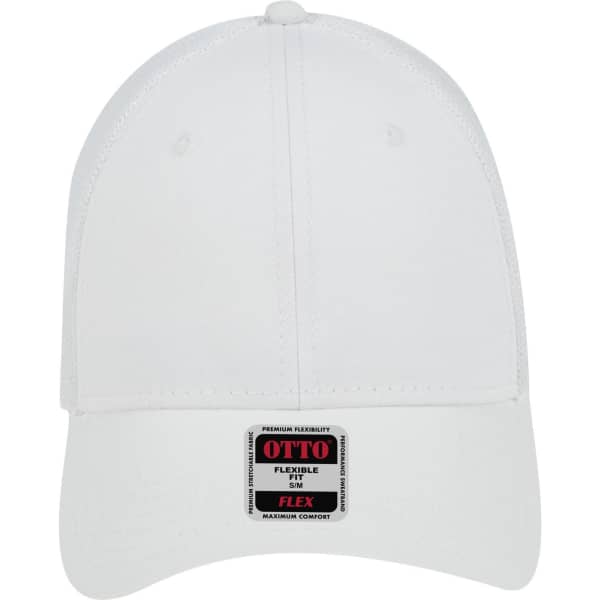 A white low profile trucker cap with a logo on the front and a flexible fit design.