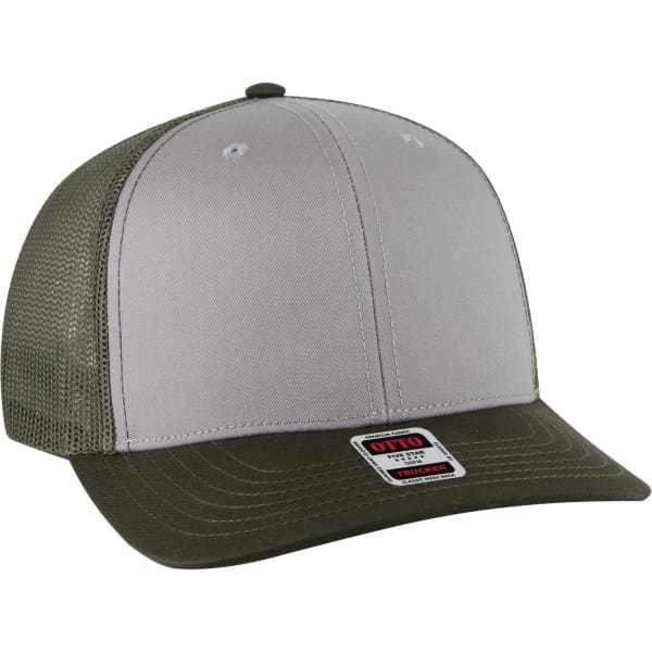 A grey and olive green 6 panel mid-profile trucker cap with mesh sides and a logo on the front.