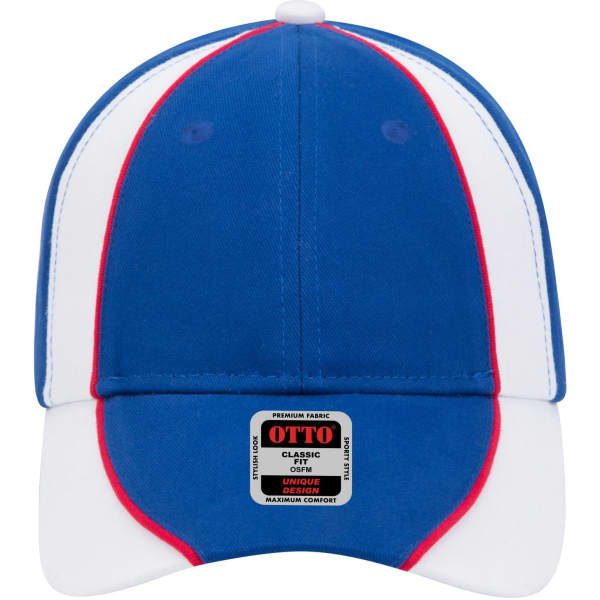 A blue and white six-panel low profile baseball cap with red accents and a logo on the front.