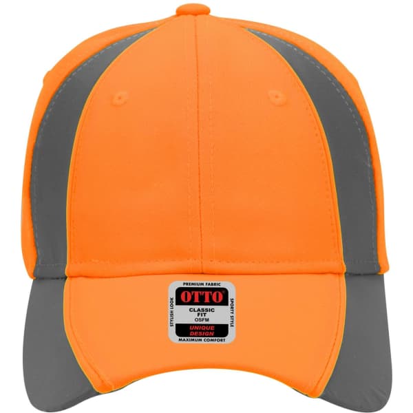 A bright orange baseball cap with grey accents and a logo label on the front.