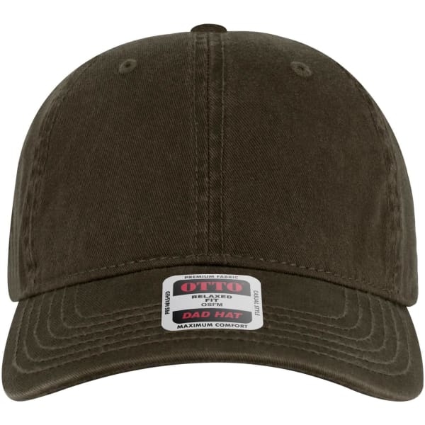 A dark olive green 6 panel low profile dad cap with an adjustable strap and a logo on the front.