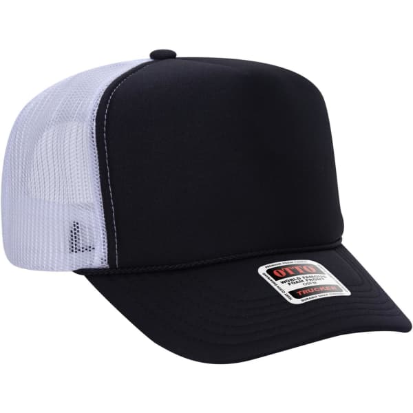 A black and white 5 panel high crown trucker cap with mesh panels and a logo on the front.
