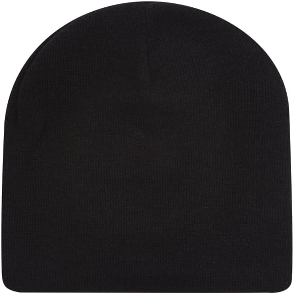 A black knit beanie with a rounded top and a snug fit, featuring a logo on one side.