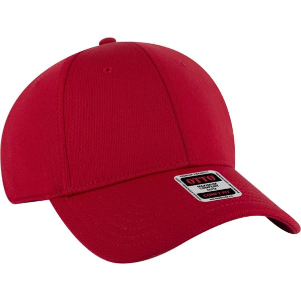 A red six-panel low profile baseball cap with a logo on the front.