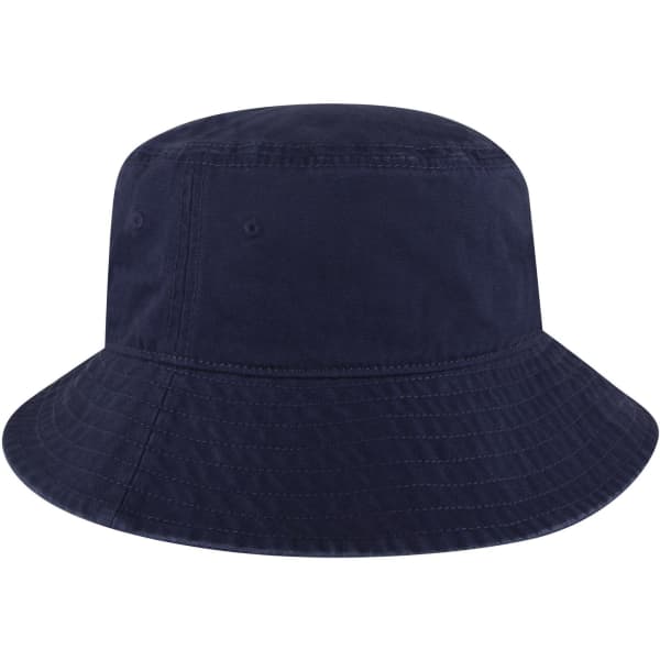 A navy bucket hat with a wide brim and stitching details, featuring one logo on the side.