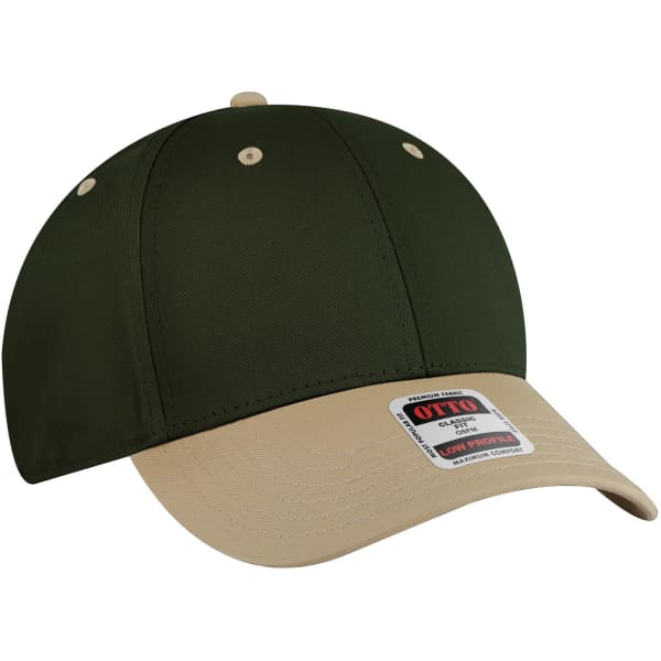 A low profile baseball cap featuring an olive green crown and a beige brim, with a logo on the side.