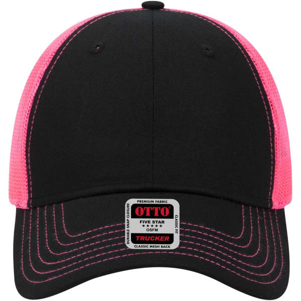 A black and pink 6 panel low profile trucker cap with a mesh back and a logo on the front.