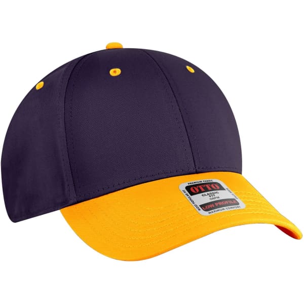 A navy and yellow 6-panel low-profile baseball cap with a branding label on the front.