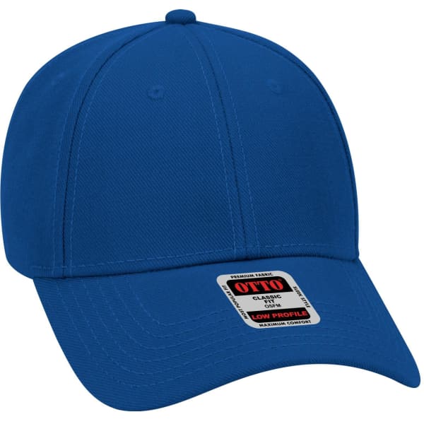 A blue 6-panel low profile baseball cap with a branded label on the front.
