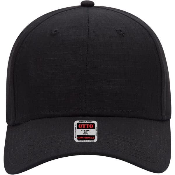 A black 6 panel low profile baseball cap with a label. The cap features a smooth texture and a classic design.