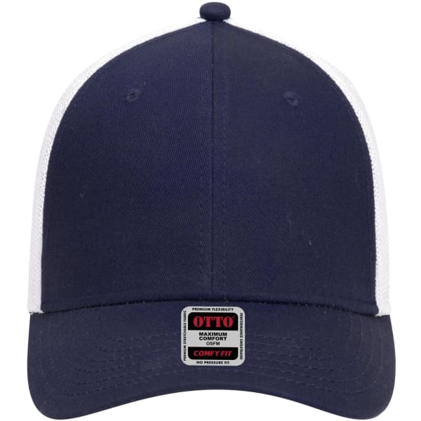 A navy blue baseball cap with a low profile, featuring white mesh panels and a logo on the front.