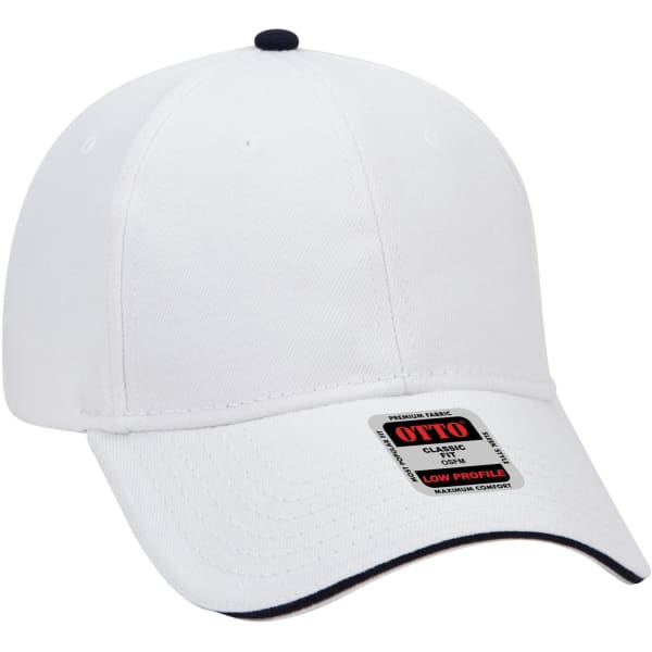 A white low-profile baseball cap with a contrasting dark navy peak and a logo on the front.