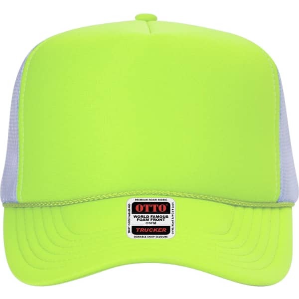 A vibrant neon green 5 panel high crown trucker cap with a grey mesh back and a label on the front.