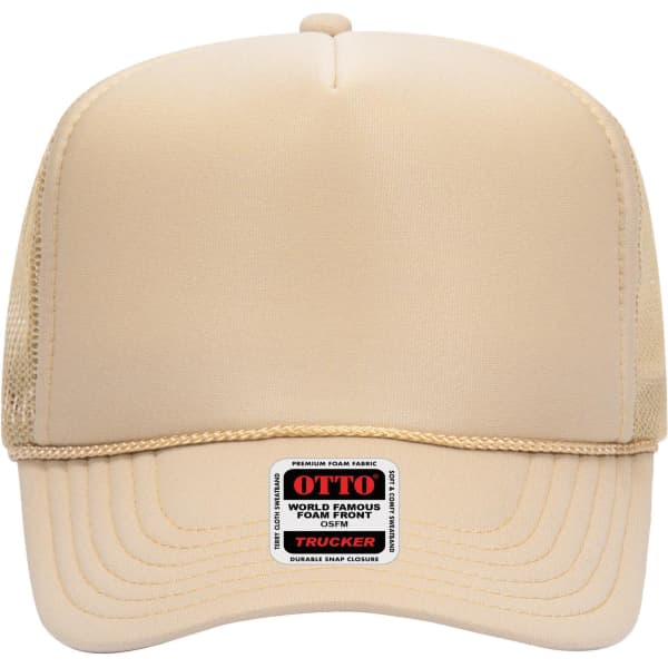 A high crown trucker cap in beige with a foam front and mesh panels, featuring a logo on the front.