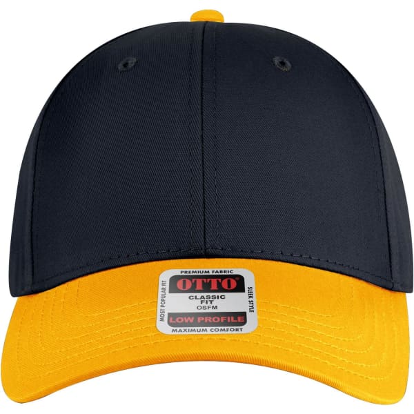 A navy and yellow 6-panel low profile baseball cap featuring a logo on the front.
