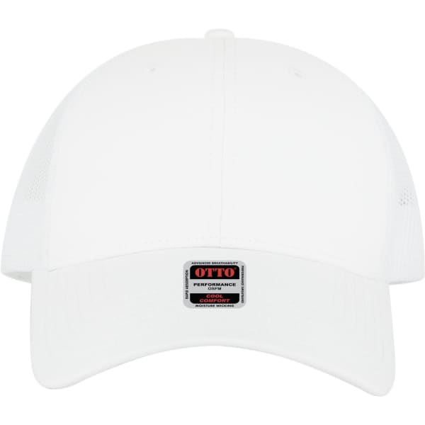A white low profile trucker cap featuring a branded logo on the front. The design includes mesh sides for ventilation.