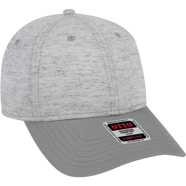 A grey and heather baseball cap with a low profile and six panels. Features a curved brim and a logo.