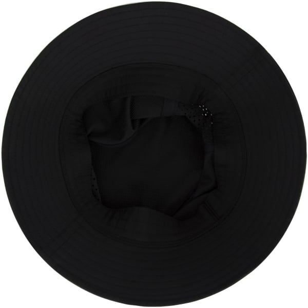 A black bucket hat with a wide brim and a soft interior lining featuring a logo.