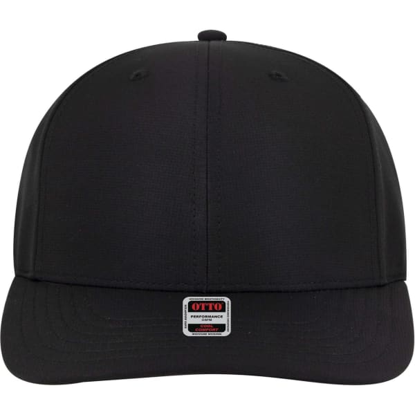 A black 6 panel mid profile style baseball cap with a branded logo on the front.