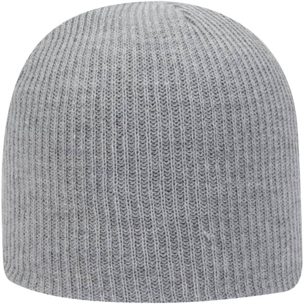 A grey rib knit beanie with a simple design and fitted structure. It features a logo on the exterior.