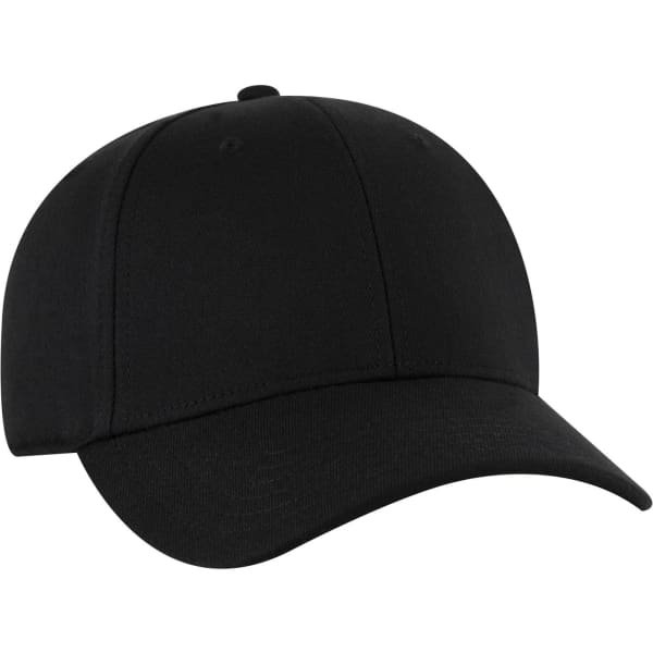 A black 6 panel low profile baseball cap with a curved brim and a logo on the front.