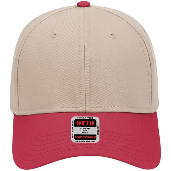 A beige and red 6 panel low profile baseball cap with a branded label on the front.