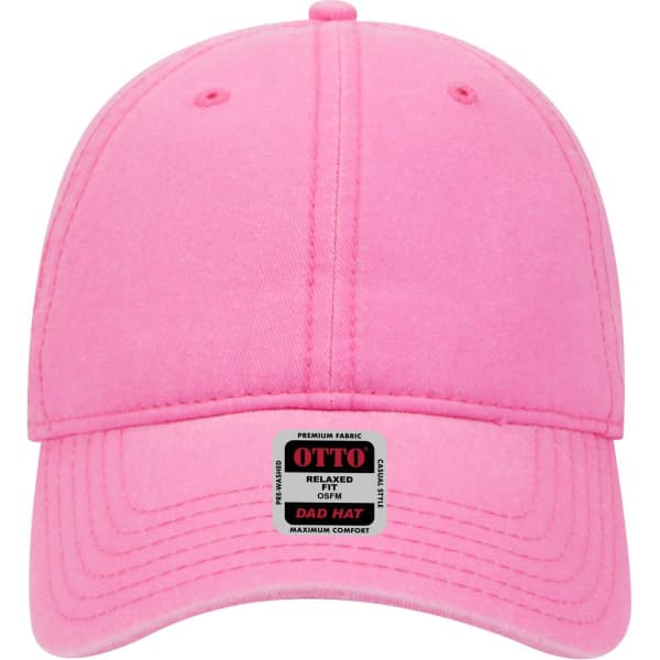 A pink 6-panel low profile dad cap with a logo on the front. It features a relaxed fit for maximum comfort.