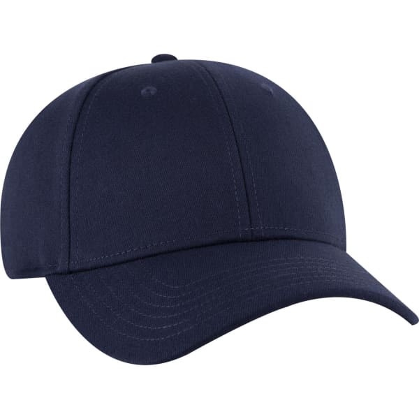 A navy blue 6 panel low profile baseball cap featuring a curved brim and a logo on the front.