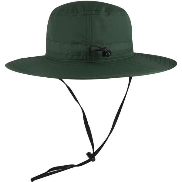 A green polyester pongee boonie hat with a wide brim and an adjustable cord. It includes a black chin strap.