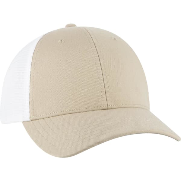 A low-profile trucker cap in beige with a white mesh back and a logo on the front.