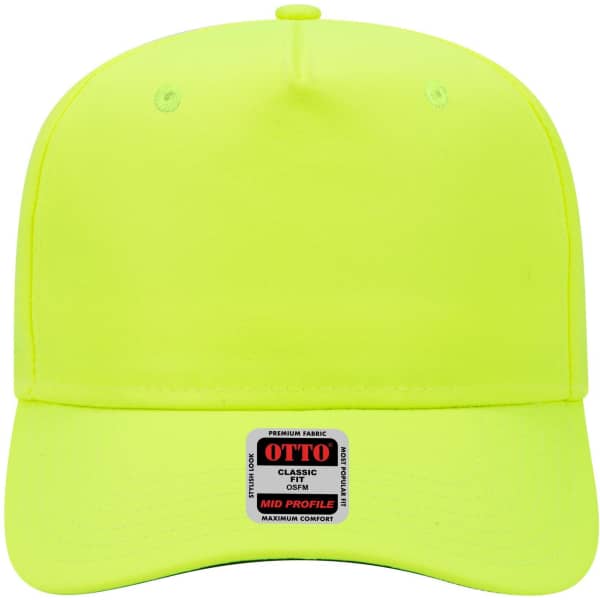A bright yellow 5 panel mid crown baseball cap with a logo on the front.