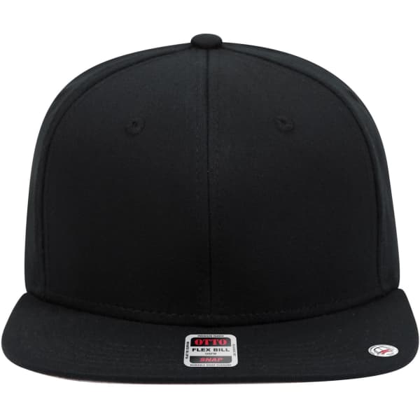 A black 6 panel mid-profile snapback cap with a flat bill and a logo on the front.