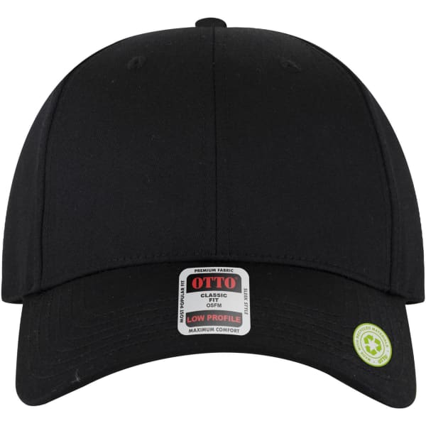 A black six-panel low profile baseball cap featuring a logo and a curved brim.