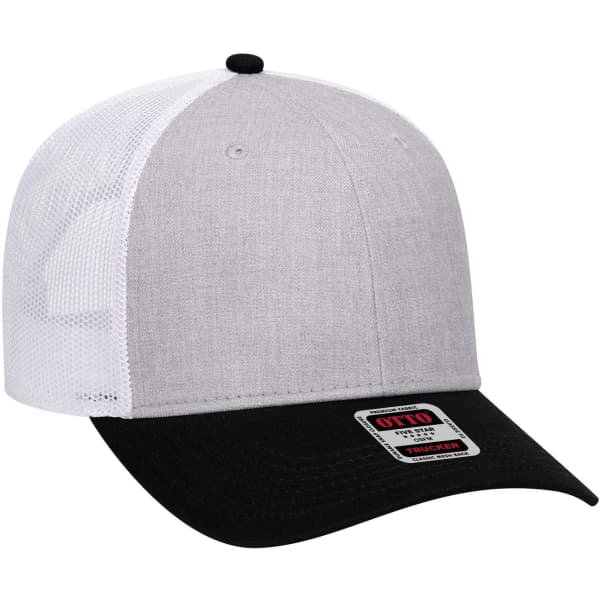 A low profile trucker cap featuring a grey front, black brim, and white mesh back, with a logo on the side.