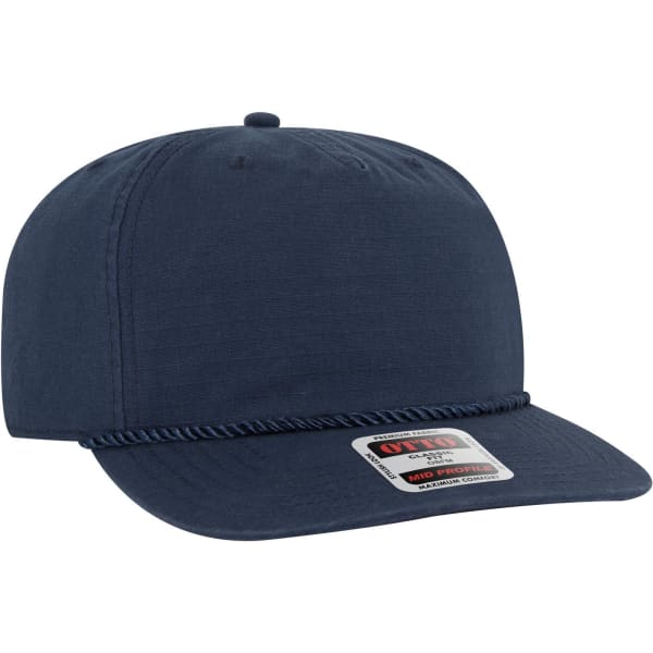 A navy blue mid-profile baseball hat with a woven band and a logo on the front.