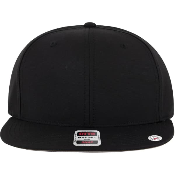 A black six-panel mid-profile snapback cap with a flat brim, featuring a logo on the side.