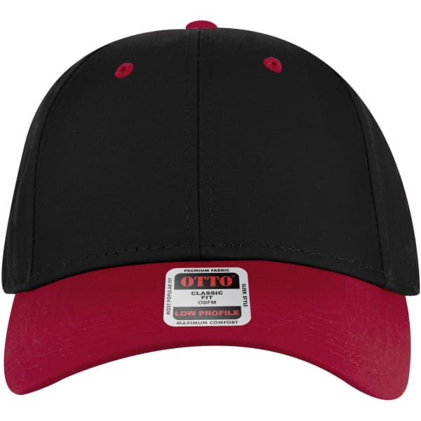 A six-panel low-profile baseball cap in black with a red brim, featuring a logo.