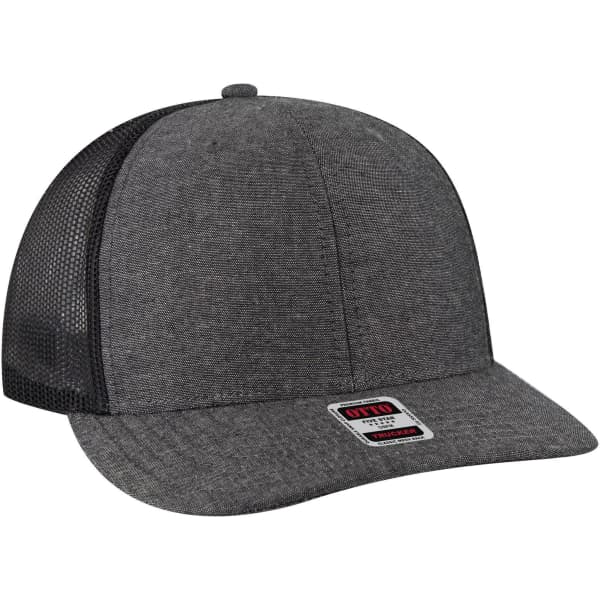 A grey 6 panel mid profile trucker cap with a black mesh back and a branded patch on the front.