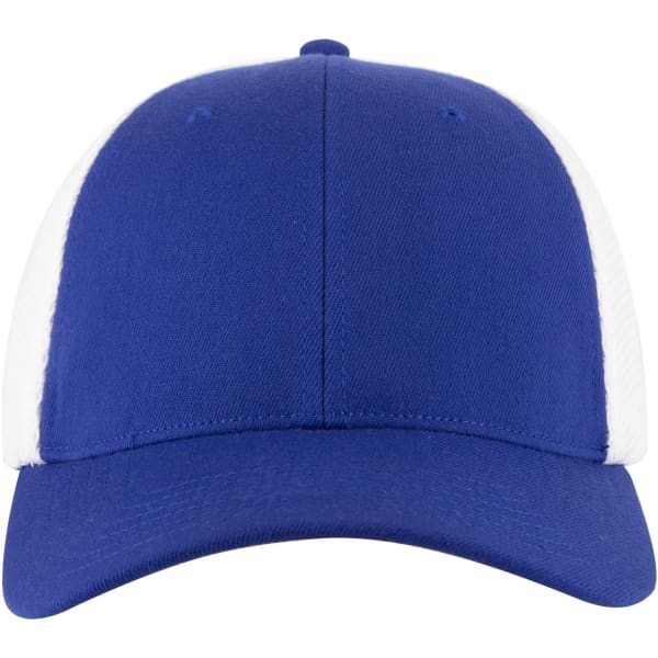 A blue and white Flex Fit 6 Panel Low Profile Trucker Cap with a structured design and a curved brim.