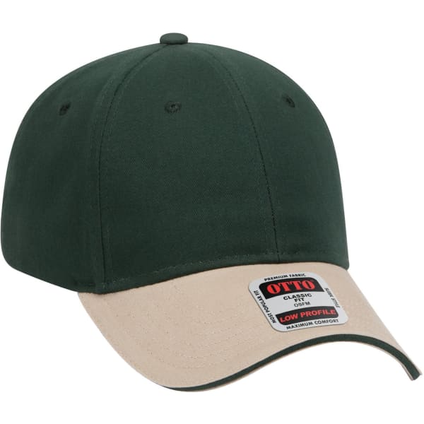 A green and beige 6 panel low profile baseball cap with a logo on the front.