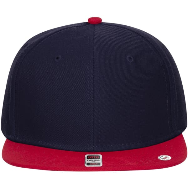 A snapback cap featuring a navy crown and a red visor, with a logo on the side.