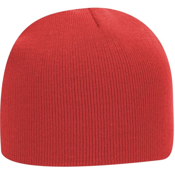 A red classic knit beanie with a ribbed texture and no visible logos or branding.