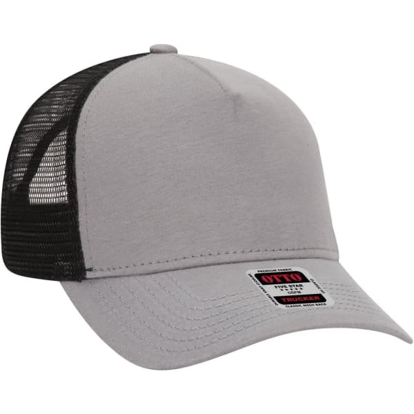 A grey 5 panel mid profile trucker cap with a black mesh back and a logo on the front.