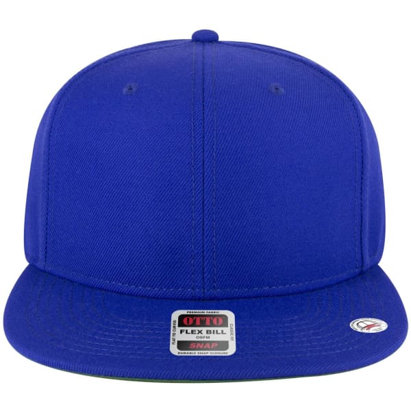 A blue snapback cap with a flat bill and a brand logo, featuring a solid design.