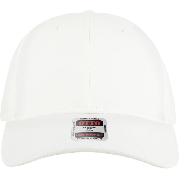 A white six-panel low profile baseball cap with a logo on the front and ventilation eyelets.