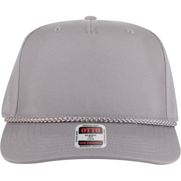 A grey 5 panel mid profile baseball cap with a braided accent and a logo label at the front.