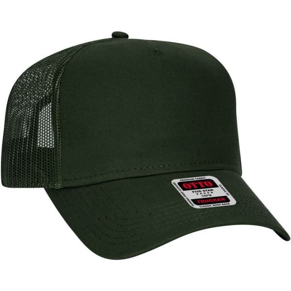 A green 5 panel low profile trucker cap with a mesh back and a logo on the front.