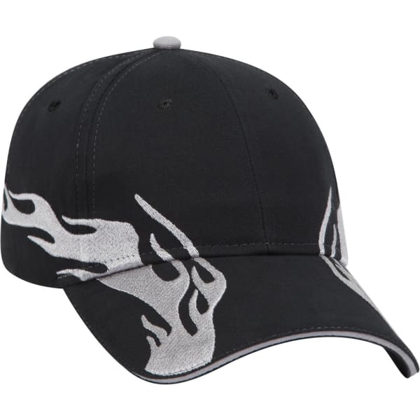 A black low profile baseball cap featuring flame designs and a logo. Perfect for casual wear.