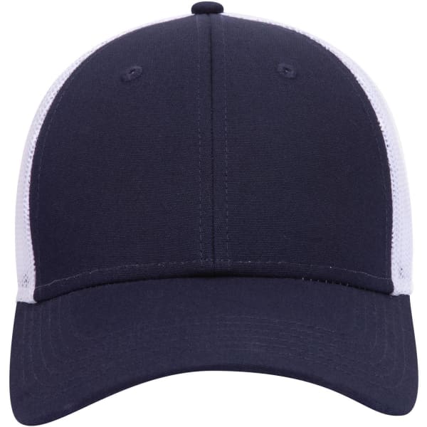 A navy blue low profile trucker cap with white mesh panels and a curved brim. Features a front logo.